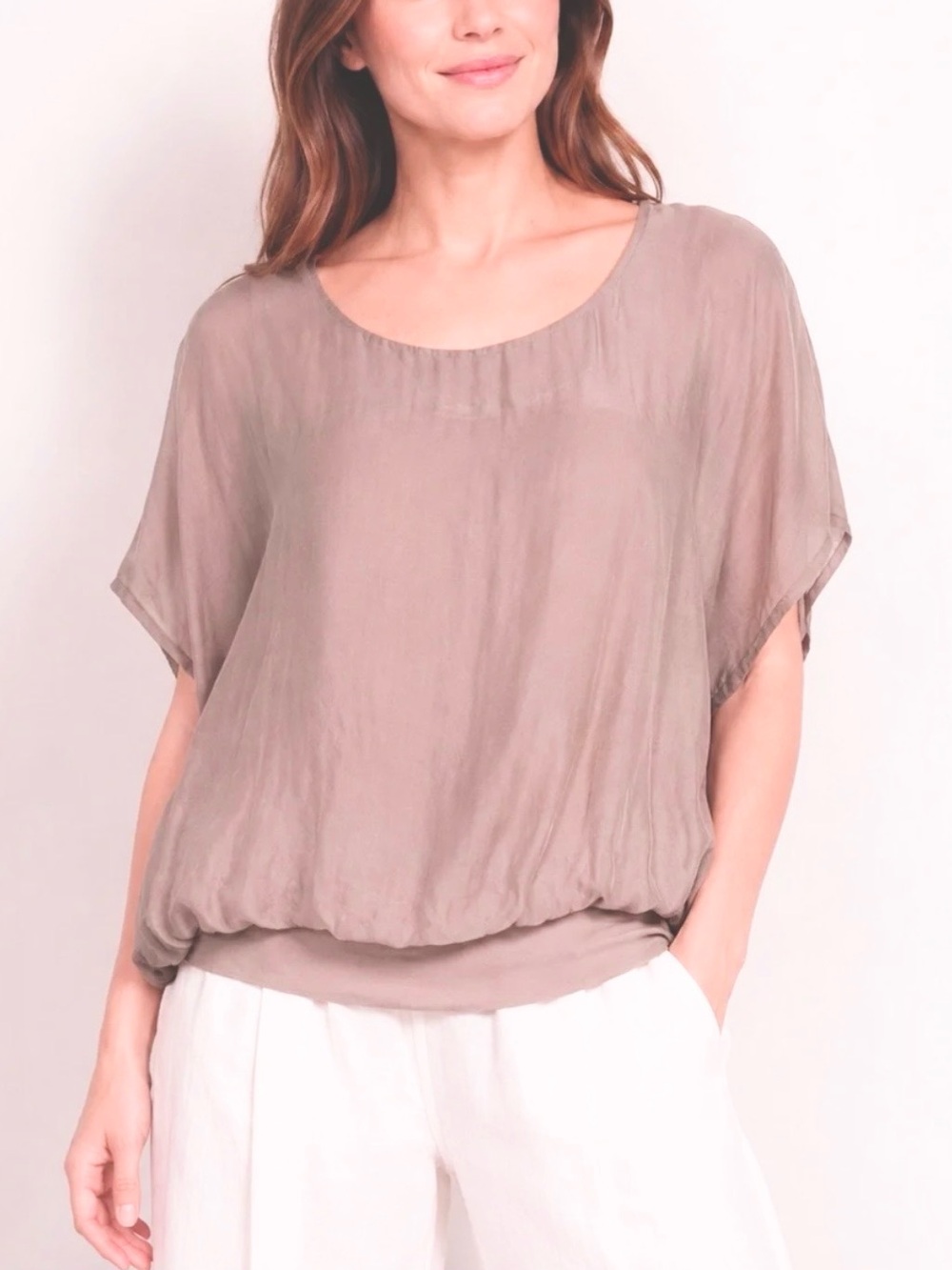 Giusy Italy Silk Viscose Blouson Scoop Neck Layered Top, Dusty Pink, L
